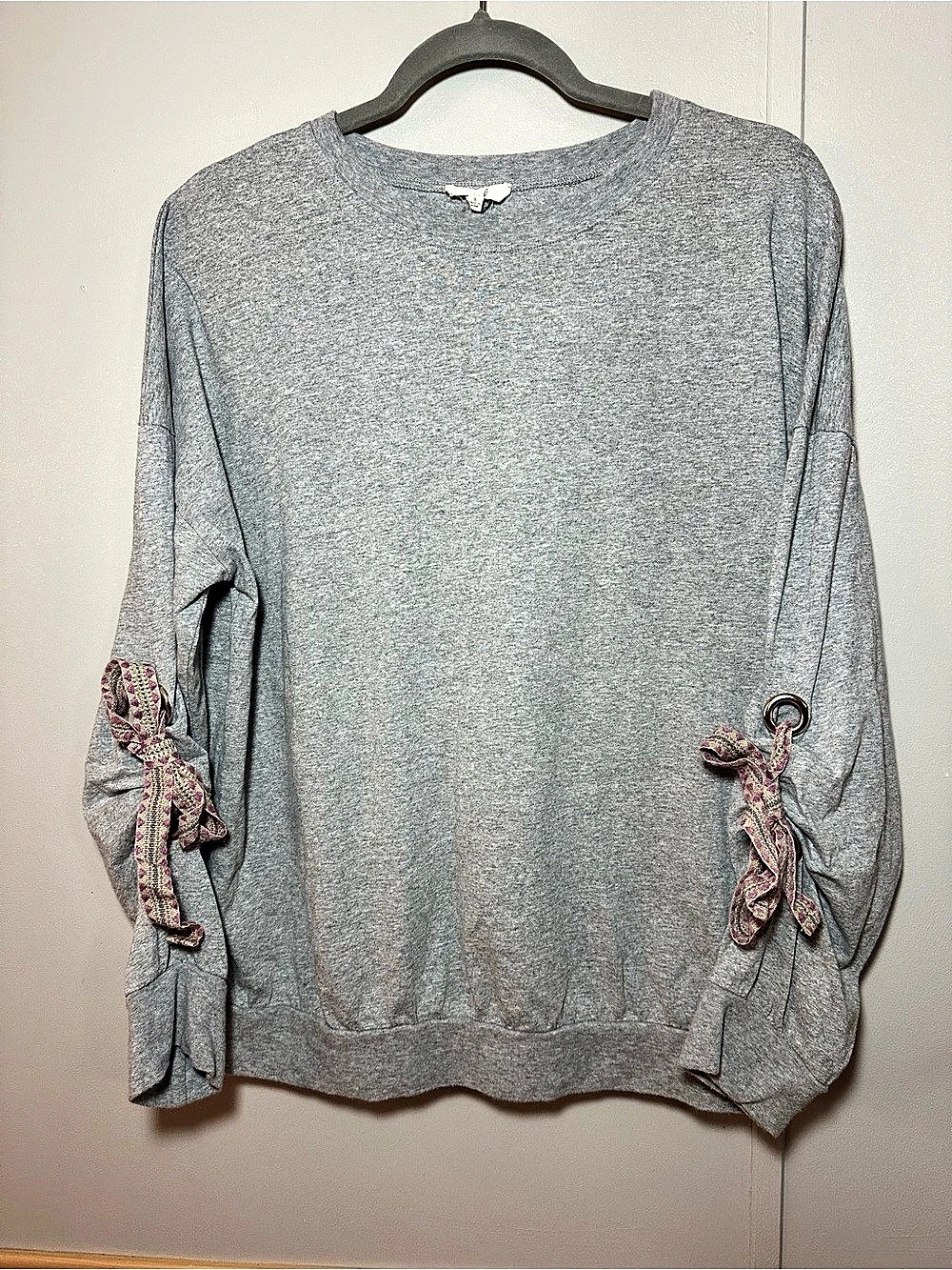 Easel Oversized Gray Cotton Ring Tie Detail Long Sleeve Top Coquette Y2K